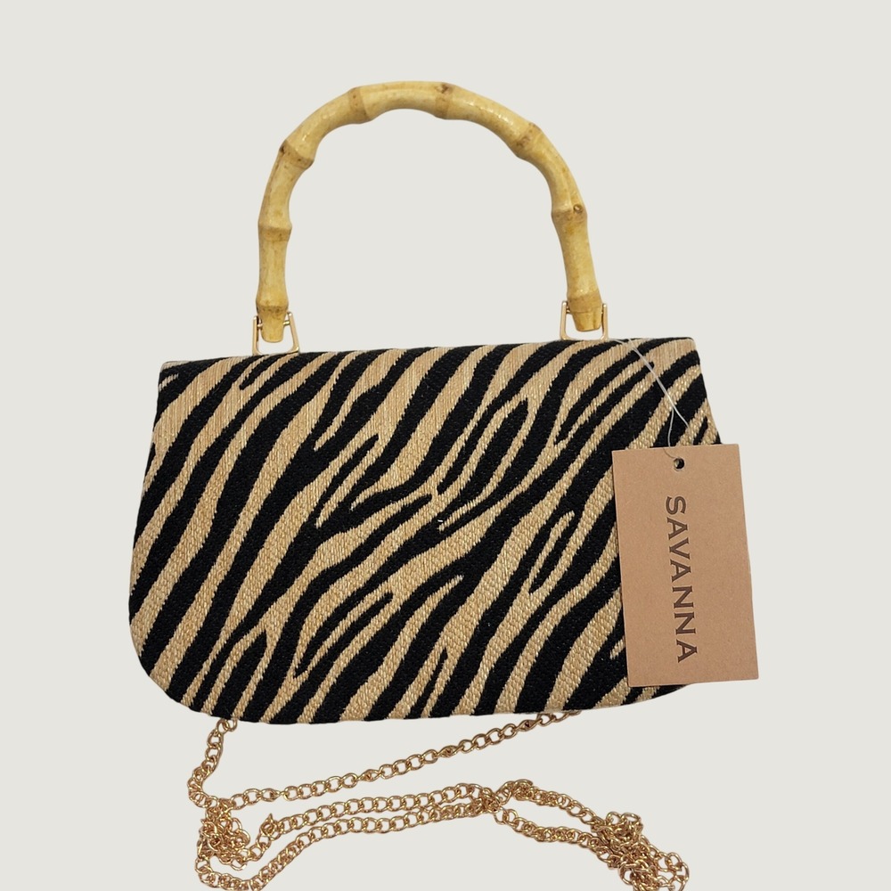 Savanna Zebra Print Bamboo Handle Crossbody Bag Tan Black Woven Handbag Safari
